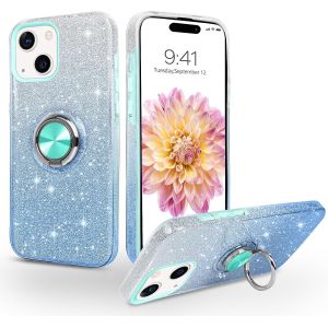 Kal-Coque Iphone 15 Avec Anneau Rotatif 360° Support De Voiture Magnétiqu, Paillettes Scintillantes Brillantes Etui Protection À Anti-Rayure Antichoc Housse Pour Iphone 15 6.1'', Dégradé Bleu - Neuf