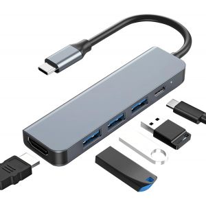 Hub Usb C, Station D'Accueil Usb C 5 En 1 Avec Pd 100 W, Hdmi 4K, 1 Usb-A 3.2 Gen2 10 Gbit/S Et 2 Usb-A 2.0, Usb C Vers Hdmi En Aluminium Pour Macbook, Ipad, Iphone 15/16, Galaxy, Xps, Ipad[Z1993] - Neuf