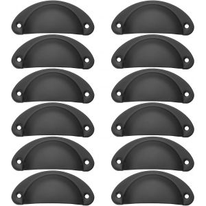 Lot de 12 poignées vintage en forme de coquillage pour armoire de cuisine, tiroir, armoire, porte de placard rétro en fer courbé 8,2 cm x 3,5 cm, avec vis ¿ Noir - Neuf