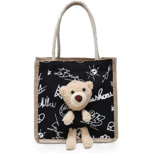 ChenQuanSarl-Sacs Cabas En Toile Sac &Agrave; Main Avec Poup&eacute;e Ours Sac Fourre-Tout Mignon Sac De Courses Sac Port&eacute; Epaule Fille Sac &Agrave; Bandouli&egrave;re &Eacute;tudiant Noir - Neuf