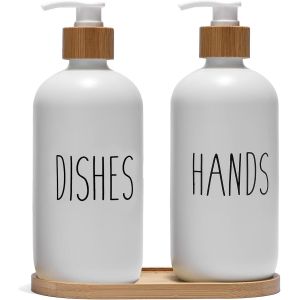 Lot de 2 Distributeurs de Savon en Verre pour &eacute;vier de Cuisine,Distributeur de Savon pour Salle de Bain avec Pompe en Bambou et Porte-Savon,d&eacute;coration d'int&eacute;rieur de Ferme (Blanc) - Neuf