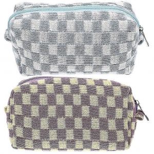 2pcs sac cosmétique fermeture éclair pochettes peluche à carreaux sacs de maquillage Organisateur de brosse de voyage portable pour les femmes - Neuf