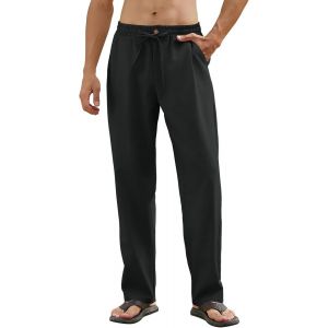 Pantalon Homme Lin Décontracté Pantalons À Taille Élastique Et Cordon De Serrage Homme Léger Pantalon De Yoga D'été À Jambes Droites Avec Poches - Neuf