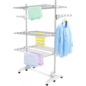 MEVRONISSHOP-Etendoir &agrave; Linge, Etendage &agrave; Linge - Mat&eacute;riau: Tubes en acier inoxydable - Charge maximale: 2,72 kg par barre de support - 3 &eacute;tag&egrave;res, Blanc, avec ailes - Neuf