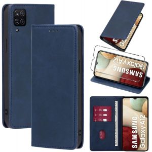 KAL-Coque Cuir Pour Samsung Galaxy A12/M12/A12 Nacho 6.5"" Avec 1 Verre Tremp&eacute; Etui &Agrave; Rabat En Pu Porte-Cartes Portefeuille Support Flip Housse Magn&eacute;tique Antichoc Anti-Rayures Case,Bleu - Neuf