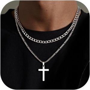 Trahoo-Collier Croix Chretienne Homme Acier Inoxydable Chaine Homme Argent Collier Chaine Avec Pendentif Croix Bijoux Cadeaux Pour Homme Femme 41-61cm - Neuf