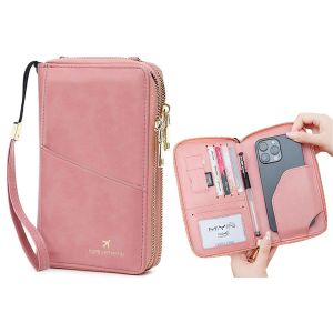 Portefeuille passeport avec protection RFID et dragonne pour femme - Organisateur de voyage rose - Neuf