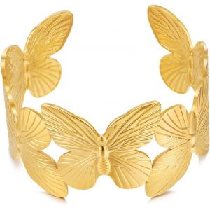Eryi-Gros Bracelets Manchette En Or Pour Femme - Bracelet Vintage Doré Avec Fleur Et Papillon - Style Bohème - Large Ouverture - Bracelet Plastron Doré Mat - Neuf