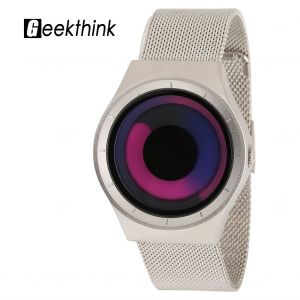 Montre A Quartz Geekthink Sans Aiguilles, Bracelet En Acier Inoxydable, Boitier Rond, Montre-Bracelet Argentee Et Rouge Tourbillonnante - Neuf
