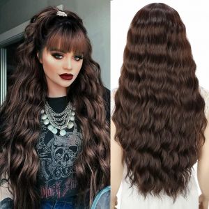 Long Bouclé Brun Foncé Perruque Avec Frange Pour Les Femmes, Naturel Synthétique Brésilien Perruques De Cheveux Pour La Partie Cosplay Partie Quotidienne Brun Foncé Perruque De 25 Pouces - Neuf