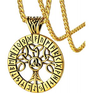 Trahoo-Collier Rune Viking Homme Femme Pendentif Arbre De Vie Runique Acier Inoxydable/Noir/Or Avec Chaîne 55+5cm,Bijoux Nordique Gothique Vintage (Boîte Cadeau) - Neuf
