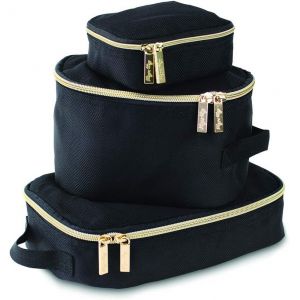 Lot De 3 Cubes De Rangement Ou Organisateur De Voyage, Avec Dessus En Maille, Doubles Fermetures &Eacute;clair Et Une Poign&eacute;e En Tissu, Noirs Avec D&eacute;coration Dor&eacute;e - Neuf