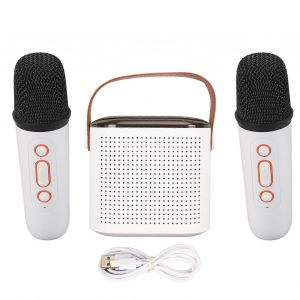Mini machine de karaoké stéréo portable RGB Light Bluetooth haut-parleur avec 2 microphones sans fil pour la fête à la maison Blanc - Neuf