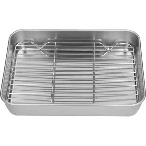 CHECARZHN--NO1-Plat À Rôtir Avec Grille, Plat À Rôtir Et À Pâtisserie En Aluminium Avec Grille En Acier Inoxydable, Plaque Cuisson Four Pour Pâtisserie Gratin Frites (26.5 * 20.5 * 5Cm) - Neuf