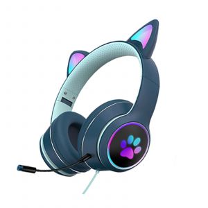 HHILABEE Casque filaire oreille de chat avec micro RGB LED Light Sound St&eacute;r&eacute;o Casque de jeu 7.1 canaux pour poign&eacute;es de jeu R&eacute;duction du bruit PC Pilotes 40mm Bleu fonc&eacute; - Neuf