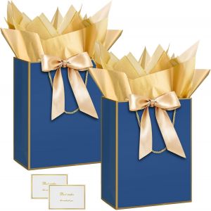 2 Pièces Sac Cadeau, 12.59"" Papier Emballage Cadeau Anniversaire, Vertical Pochette Cadeau Ggrand Format Enfant 32 * 25 * 13cm Avec 2 Cartes 2 Mouchoirs Pour Fête D'anniversaire, Mariage Bleu - Neuf