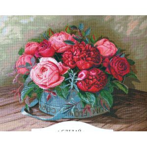Kit Point De Croix Compt&eacute; Andriana "Pivoines Et Roses" 44x35 Cm - Neuf