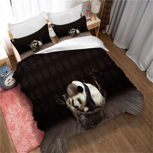 Parure De Lit 3 Pieces En Microfibre 135 X 200 Cm - Housse De Couette Motif Panda Forêt, Douce Et Moelleuse Avec Fermeture Éclair, Motif Animal - Neuf
