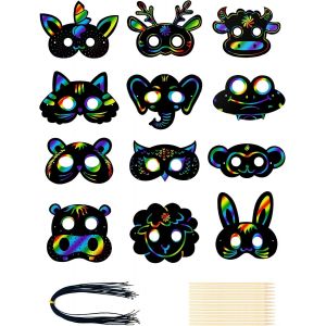KALANKA-Lot de 24 masques d'animaux à gratter pour enfants, avec rubans, stylo à gratter, bricolage, masques, pour bricolage, cadeau, anniversaire d'enfant, jeux, fête, petit cadeau, décoration de ca - Neuf
