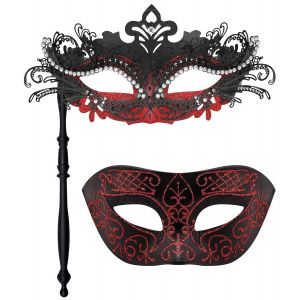 2 Pi&egrave;ces Masque V&eacute;nitien Masque De Mascarade Couple Masqu&eacute; Pour Les Yeux Homme Femme Masque Avec B&acirc;ton Pour Carnaval Halloween Costume,Noir & Rouge - Neuf