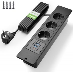 Ytfhg-Prise Encastrable De Table Usb C Pd 20w, Multiprise Encastrable 3 Prises, Prise De Table, Multiprise Pour Meuble Ou Plan De Travail, Câble 1,8m, Noir - Neuf