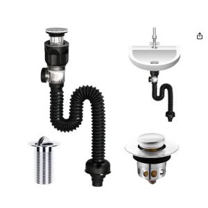 Kit de vidange Yangun pour &eacute;vier, comprenant un siphon avec raccord, un tuyau de vidange flexible, un filtre &agrave; clapet, un bouchon de vidange et un ensemble siphon pour &eacute;vier, 295-985 mm (extensible). - Neuf