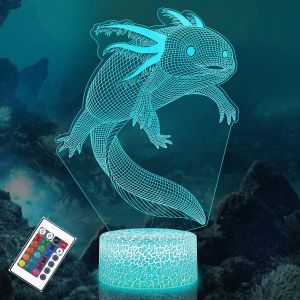 Lampe illusion 3D Axolotl LED Veilleuse, 16 Couleurs T&eacute;l&eacute;commande USB Lampes de Bureau Chambre D&eacute;coration Lampe de Table pour Enfants No&euml;l Anniversaire Cadeaux - Neuf