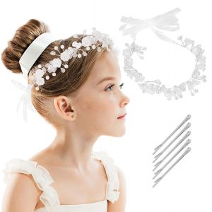 Kal-Bandeau De Communion Fille, Couronne De Cheveux Fleur Bandeau Serre Tête De Mariée En Floral Perles, Accessoires De Cheveux Pour Cadeau Communion Fille Bridesmaid Hair Accessories, B - Neuf