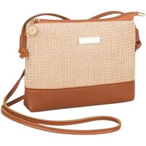 RFCBC-Sac à bandoulière en osier et cuir pour femme, petite taille, été, sac à main en paille avec détails en similicuir marron, fermeture éclair dorée, style décontracté élégant, idéal pour les voya - Neuf