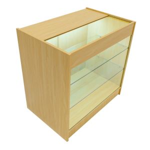 Comptoir De Vente En Mdf Érable Led Blancs Intégrés K900 3 Étagères Portes Coulissantes Verouillables Rangement Commerciale Vitrine En Verre Acceuil Réception Bureau Vêtements Bijoux [2 Clés Inclus] - Neuf