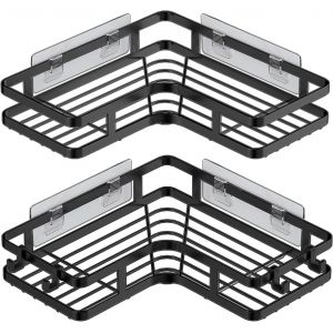 Etag&egrave;re d'Angle Sans Per&ccedil;age, 2 Pi&egrave;ces Rangement Salle De Bain avec 4 Crochets, Support Gel Douche et Porte Shampoing - Neuf