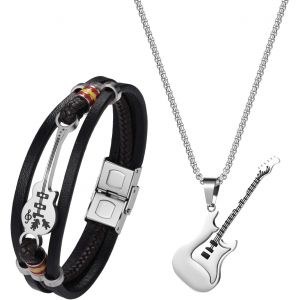 Eryi-Ensemble Collier Et Bracelet Pour Homme Avec Pendentif Guitare Rock En Acier Inoxydable Et Bracelet En Cuir Avec Guitare Punk Ensemble Cadeau Pour Hommes Et Garçons Fans De Musique R&b - Neuf