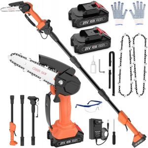 CHECARZHN--NO1-2 En 1 Élagueuse Sur Perche Sans Fil Et Mini Tronconneuse A Batterie, 180Cm Tronconneuse Electrique 6 Pouces Avec 2 Batteries, 2 Chaînes, Gant, Lunettes, Bandoulière, Pour Jardin, Bran - Neuf