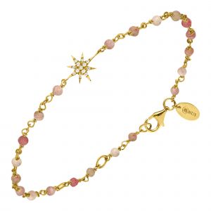 Bracelet Argent Dor&eacute; &Eacute;toile Zirconium Blanc Et Pierres Quartz Rose Fraise - Neuf
