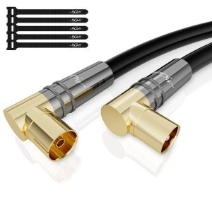 Câble d'antenne 1.5 mètres RG6 4K,2x Coudé à 90°,câble satellite,câble TV Coaxial HD-75 Ohm IEC-Connecteurs métalliques robustes plaqués or,Noir,avec 5 attaches de câble - Neuf