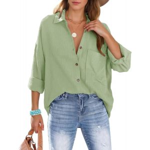 Utigh-Chemisiers Blouse Femme Élégant Chemise Blanc Femme Décontractée Avec Col En V Manches Longues 100% Coton Coupe Ample Haut Solide Boutons Top Avec Poche - Neuf