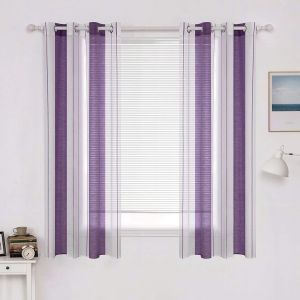 Tzf-Rideaux Voilage À Rayures Blancs Et Violet, Voilages Intérieurs Avec Oeillets, Beaux Voile Rideau Voilage Fenetre Chambre, Lot De 2 Transparent Rideaux Salon Hauteur 160 Cm Voilage Court - Neuf