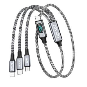 100W C&acirc;ble Chargeur Multi Embout Usb C [0.5M] Schnellladekabel Mit Led 3 In 1 Ladekabel [100W]+Usb C Vers Lightning[27W]+Usbc Vers Micro[10W] Pour Iphone 16/15/14, Galaxy, Pad Pro/Mini, Macbook - Neuf