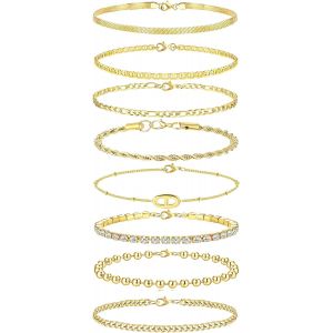 Kalsw-Bracelet Cha&icirc;ne Acier Inoxydable Pour Femme R&eacute;glable,Argent Bracelet Cz Plaqu&eacute; Or 18k,Bracelet Cha&icirc;ne Tennis Cubain Figaro J&ocirc;c Cha&icirc;ne &Agrave; Chevrons Twist Gourmette Bracelet Empilable Bijoux - Neuf