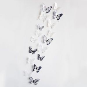 Stickers muraux 3D Papillons en PVC amovibles - 54 pi&egrave;ces - 3 ensembles - 22 x 33 cm - Blanc et noir - Neuf