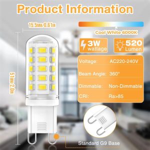 Tianyi-Ampoules Led G9 3w Blanc Froid 6000k 520lm, Équivalent 50w Halogènes, Angle De Faisceau 360°, Non Dimmable Ac 220-240v Économie D'énergie Ampoule, Sans Scintillement, Lot De 4 - Neuf