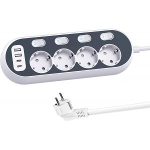 Multiprise avec USB et 2 Type-C,Multiprise d'angle à 4 Prises avec Interrupteur Individuel,Prise Multiple Rallonge avec Câble 2M et Protection Contre Les Surtensions,pour Domicile et Bureau - Neuf