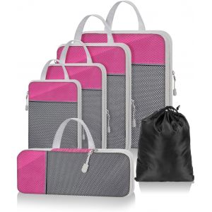 Lot De 6 Cubes D'Emballage De Compression Pour Val &Agrave; Main, Sac De Rangement De Bagages De Voyage Avec Maille, Val Extensible, Organ Urs Multifonctionnels, Rose - Neuf