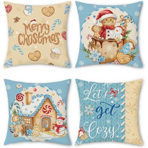 CAUC-Housse de Coussin No&euml;l Pain d'&eacute;pices Boulangerie Maison Flocons Bleu 45 x 45 cm Polyester Lin D&eacute;coratif Taie d'oreiller pour Canap&eacute; Salon Chambre Jardin Maison D&eacute;coration 4 Pi&egrave;ces - Neuf