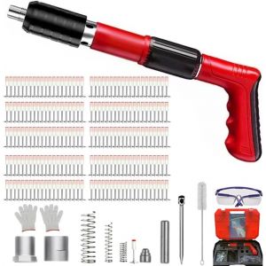 Cloueuse,Cloueur Beton,Pistolet A Clou,pistolet à ongles portable,avec 200pièces clou beton(7.3mm),lunettes,Boîte en plastique 5 Engrenages Réglable Double Silencieux,pour mur en ciment (Rouge) - Neuf
