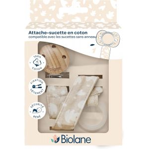 Kalanka-Biolane - Attache Tétine Bébé - Pour Tétine Sans Anneau - Tissu 100% Coton - Beige - Fixation Silicone - Clip En Bois Et Métal - Double Sécurité & Anti-Glisse - Neuf