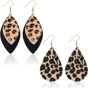 Lot De 4 Boucles D'oreilles Léopard En Similicuir Léger Avec Imprimé Guépard Pour Femme, Mariage, Fête, Cérémonie, Banquet, Cadeaux, 10 X 9 X 1.1 Cm, Zinc, Pas De Gemme - Neuf