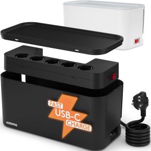 Cache Câble 8 en 1 - Charge Ultra Rapide - Câble de Gamme avec Cache Multiprise Electrique - 5 Prises, 3 USB (A+C), Câble 2M - Coffret Câble Noir - Valise de Rangement 30x14x14 cm - Neuf