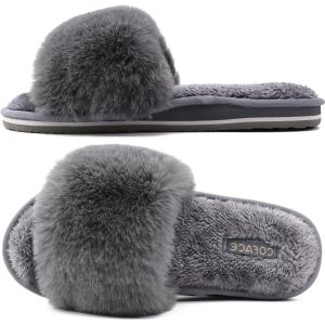 Kalanka-Chaussons Femme Fourrure Pantoufles Peluche Claquette Femme Pantoufles Maison Sandal Bout Ouvert -Orthopédique-Antidérapant-Lavable - Neuf