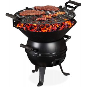 Barbecue tonneau, Fonte de Fer et Acier, r&eacute;glable Hauteur, Portable, Charbon de Bois, Grillage d.35 cm,Noir - Neuf